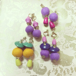 wool & wood earrings(purple soroban) 3枚目の画像