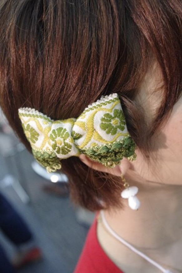 RETRO　RIBBON　BARRETTE　GREEN　FLOWER 3枚目の画像