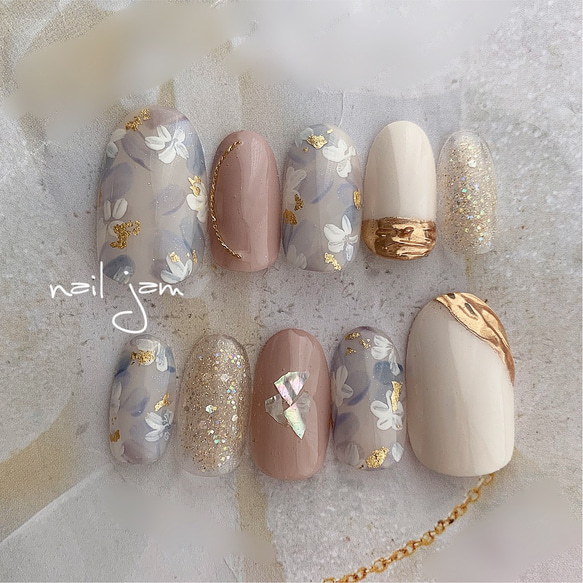 no.014淡色 ベージュ ブラウン フラワー 花 ネイルチップ 結婚式 成人式