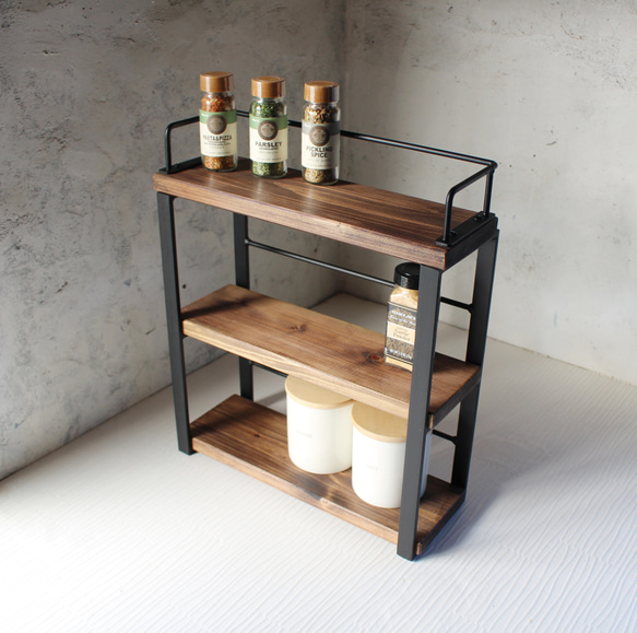 送料無料] アイアン3段木材コンパクトスパイスラック・調味料棚・落下  