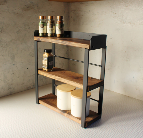 アイアン３段コンパクトスパイスラック・調味料棚 アイアン3段コンパクトスパイスラック・調味料棚・落下防止平鉄