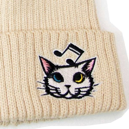 ニットキャップ オフホワイト猫柄 切り絵アートとのコラボ 男女