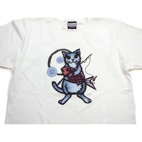 和柄 猫 tシャツ めで鯛半袖Tシャツ 男女兼用 半t 猫柄　釣り アート作家コラボ　白WM 3枚目の画像