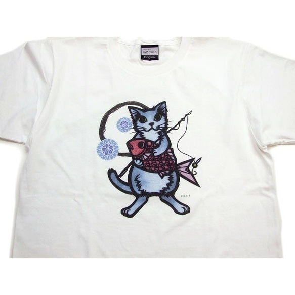和柄 猫 tシャツ めで鯛半袖Tシャツ 男女兼用 半t 猫柄　釣り アート作家コラボ　白WL 1枚目の画像