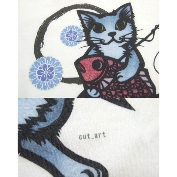 和柄 猫 tシャツ めで鯛半袖Tシャツ 男女兼用 半t 猫柄　釣り アート作家コラボ　白WL 2枚目の画像