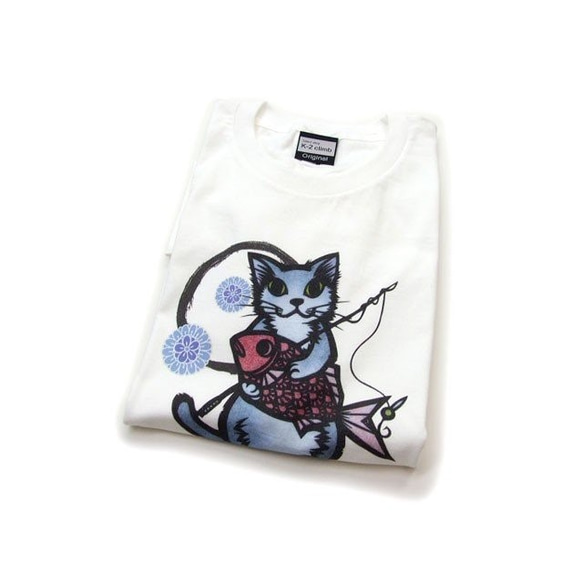 和柄 猫 tシャツ めで鯛半袖Tシャツ 男女兼用 半t 猫柄　釣り アート作家コラボ　白WL 4枚目の画像