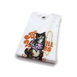 和柄 猫 tシャツ アグー豚と猫柄Tシャツ　アート作家コラボ 沖縄Tシャツ　白S 3枚目の画像