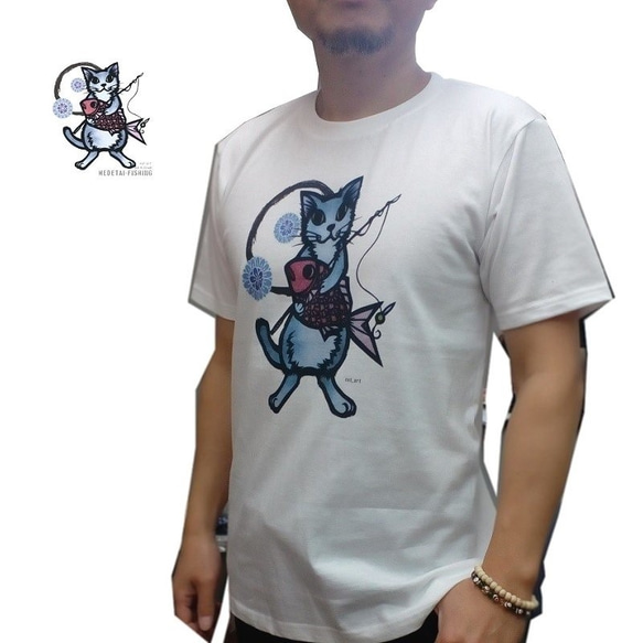 和柄 猫 tシャツ アグー豚と猫柄Tシャツ　アート作家コラボ 沖縄Tシャツ　白S 6枚目の画像