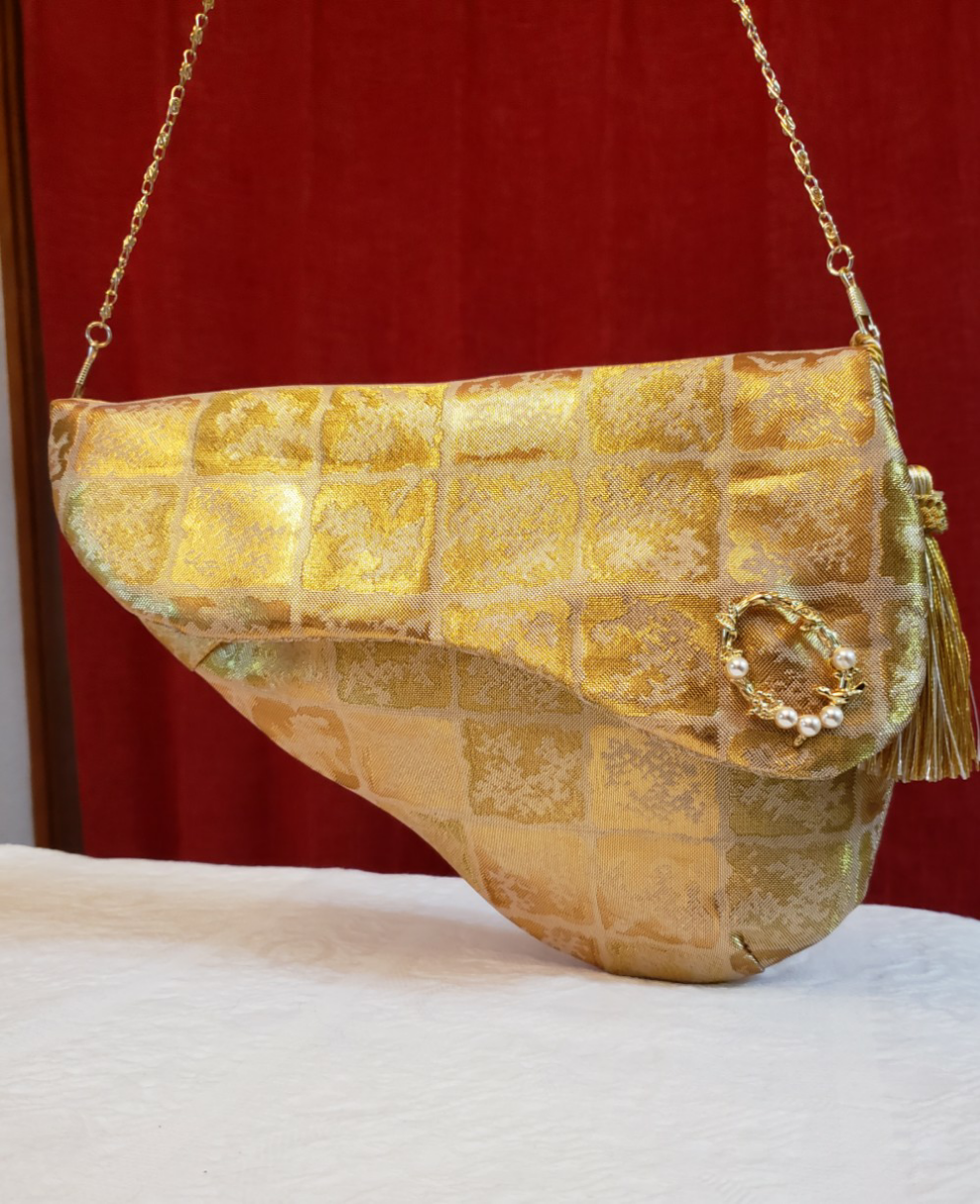 日本製正絹金着物帯のアートデザイン2waysクラッチバッグ