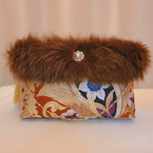 和風柄シルク着物帯とファーの2waysクラッチバッグ クラッチバッグ  