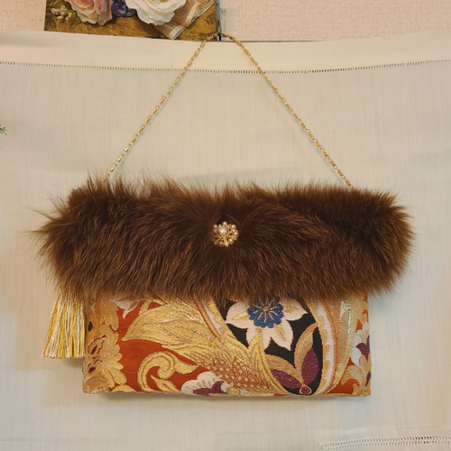 和風柄シルク着物帯とファーの2waysクラッチバッグ クラッチバッグ  