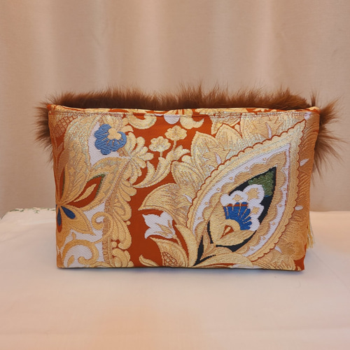 和風柄シルク着物帯とファーの2waysクラッチバッグ クラッチバッグ  