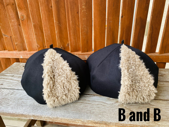 【キッズ】ベレー帽 ブラック×グレージュ　ボア 1枚目の画像