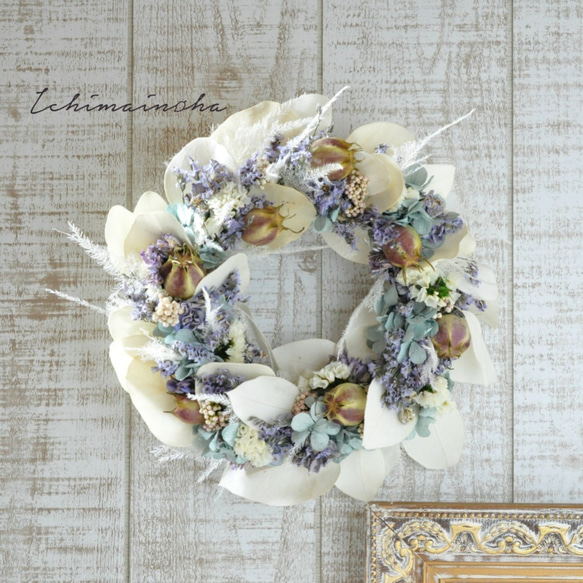 ✽水彩画のような淡い色合い✽　アジサイのリース【wreath ～light blue～ Msize】 8枚目の画像