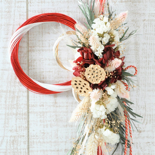 艷やかな赤で新年を迎える✽紅白のお正月飾り〜glossy red〜 しめ縄