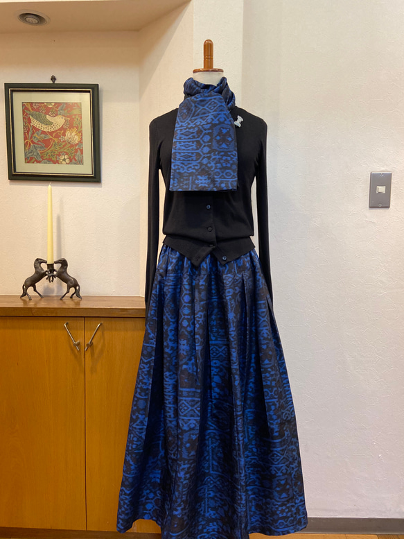 再販 着物リメイク 黒と青 紬 スカート（裏地付き）&ストールセット  