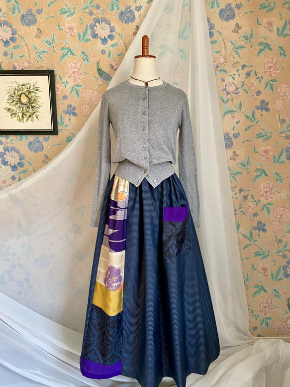 着物リメイク 大島紬 いろいろパッチロングスカート裏地付き