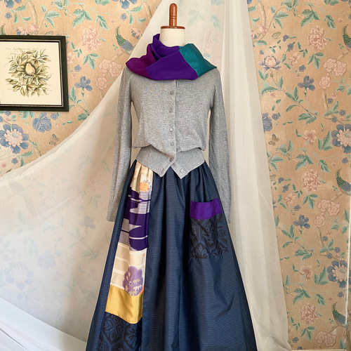 着物リメイク 大島紬 いろいろパッチロングスカート裏地付き