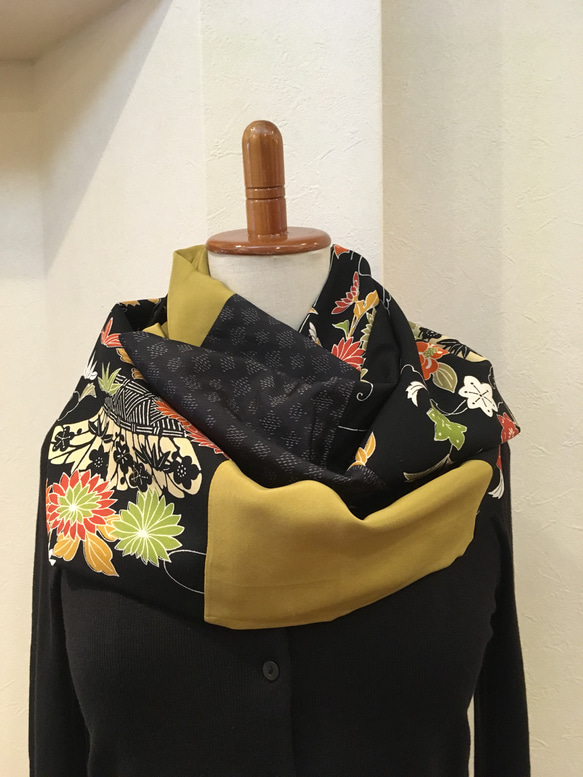着物リメイク＊ハンドメイド＊秋色アンティーク古典柄と紬のスヌード 