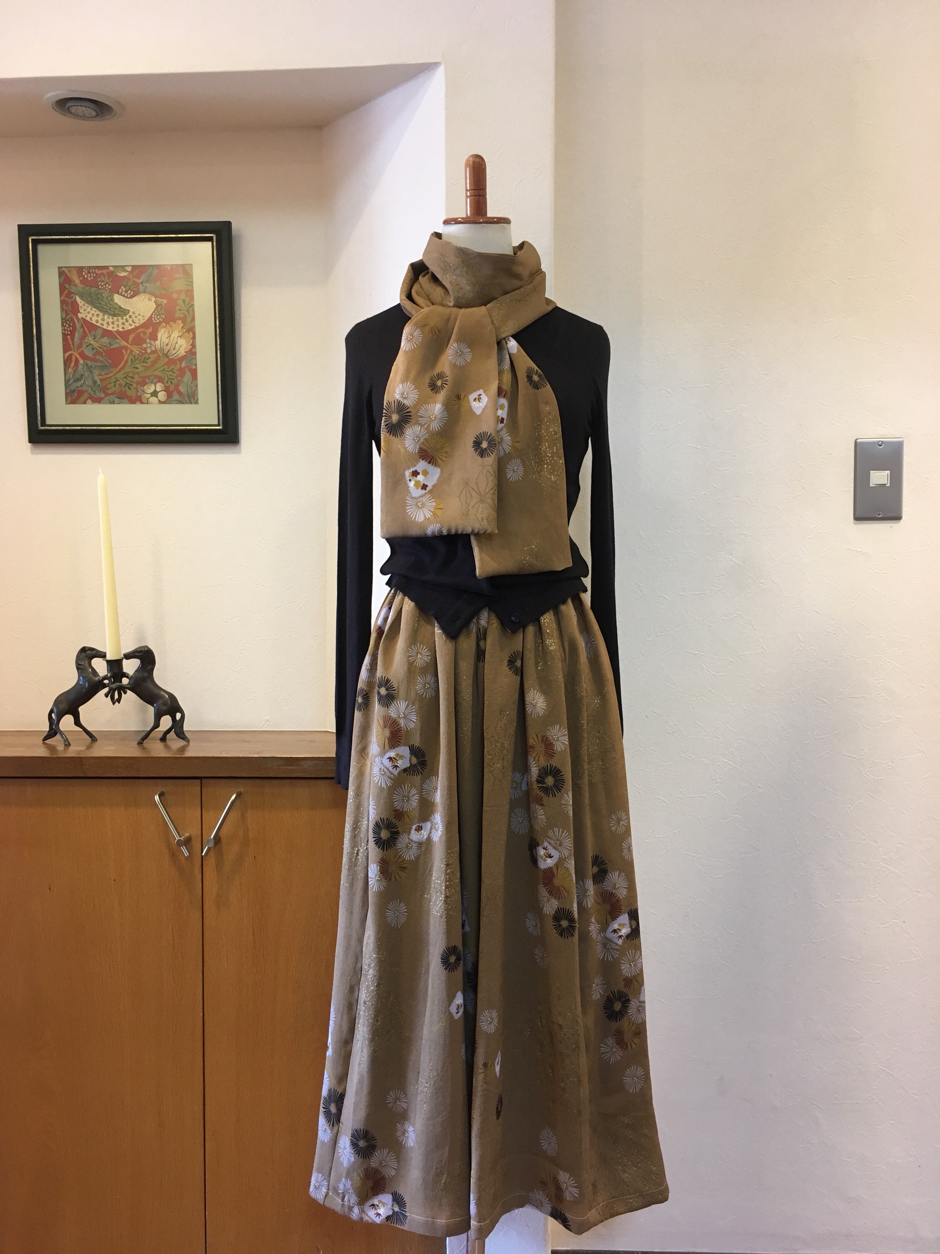 金茶の小紋＊着物リメイク＊ハンドメイド＊ロングストールの