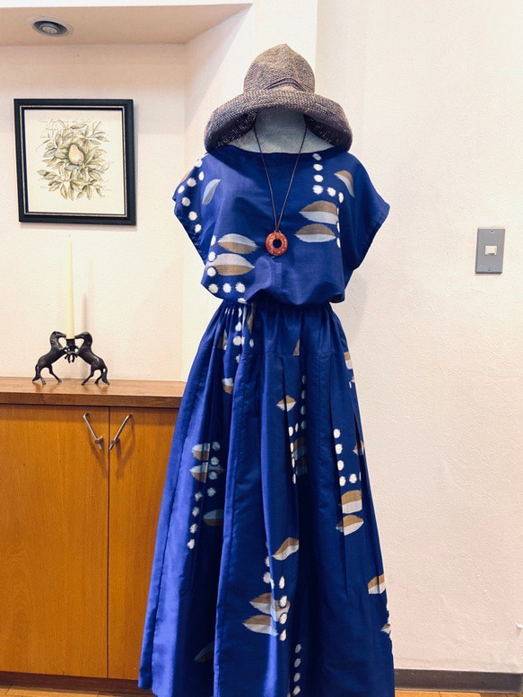 着物リメイク アンティーク＊青銘仙＊フレンチスリーブのセットアップ  