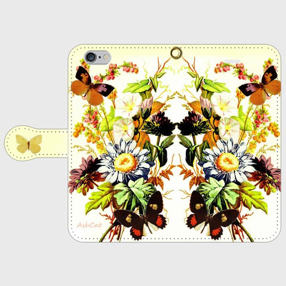 スマートフォン/アイフォンケース/アンティークなお花と蝶々001/手帳型/ 2枚目の画像