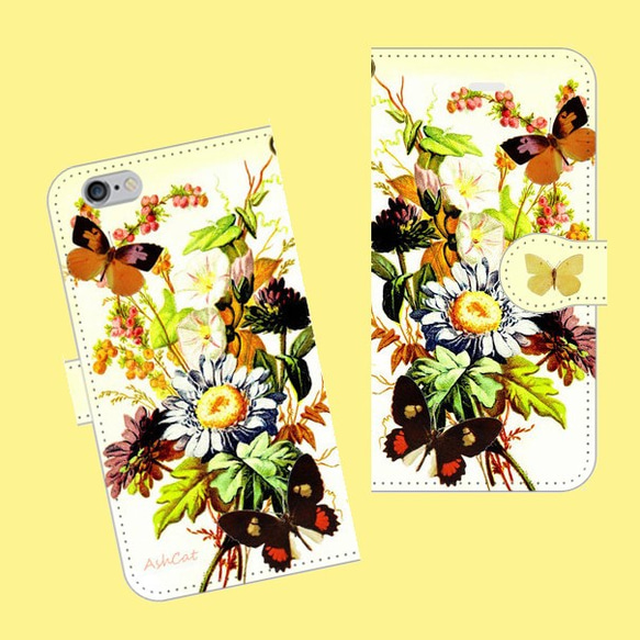 スマートフォン/アイフォンケース/アンティークなお花と蝶々001/手帳型/ 1枚目の画像