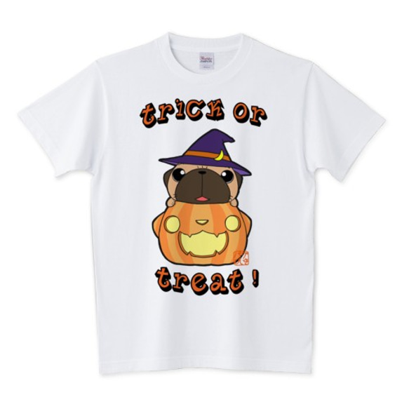 サイズ豊富！ハロウィン パグ３（フォーン）白Tシャツ 1枚目の画像