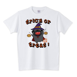 サイズ豊富！ハロウィン パグ２（黒パグ）白Tシャツ 1枚目の画像