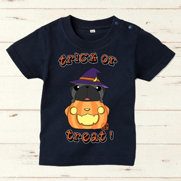 ハロウィン パグ（黒パグ）３キッズTシャツ各色（赤・黄・紺） 3枚目の画像