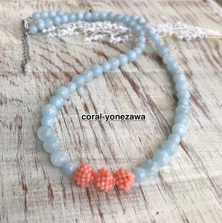 coral＆アクアマリンネックレス＊51.5㎝〜56cm＊