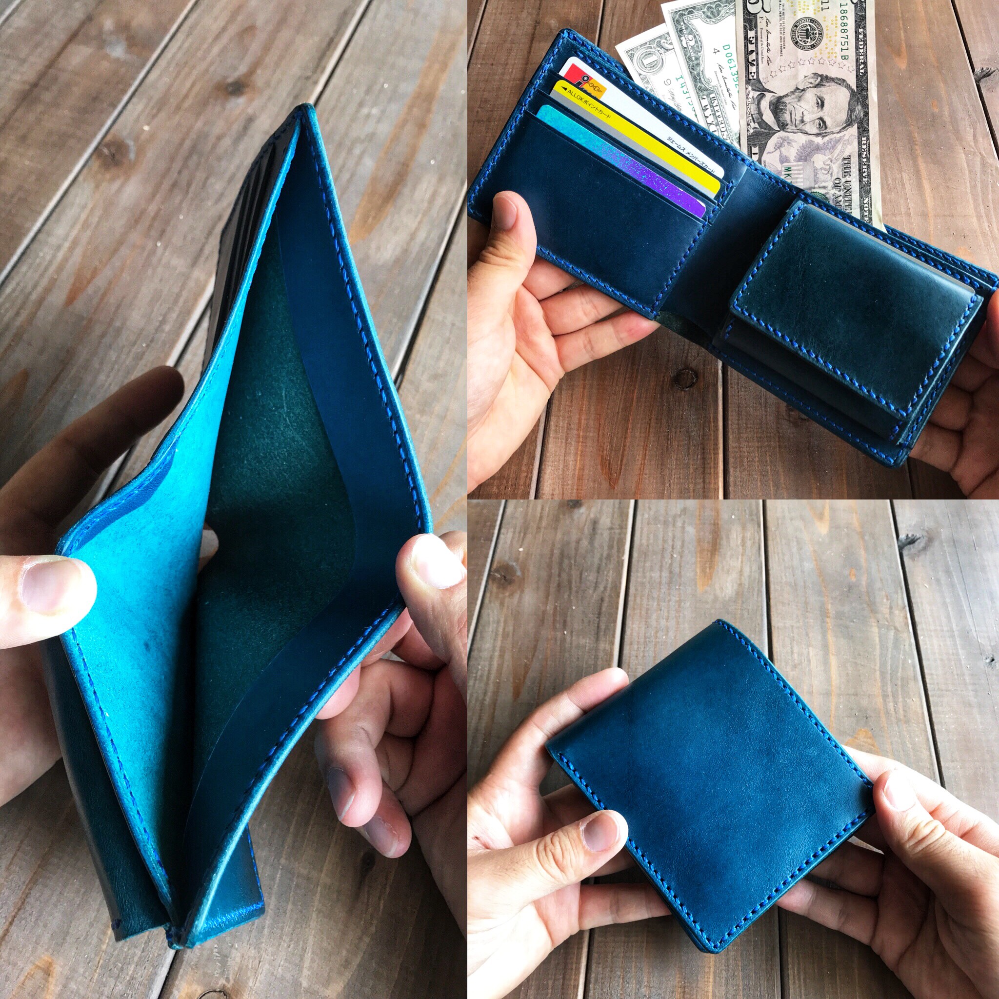 イタリアンレザーを使った青色の二つ折り財布