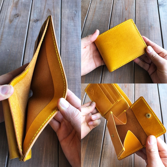 イタリアンレザーを使用した手縫の真黄色な二つ折り財布 4枚目の画像