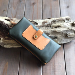 モスグリーン(濃緑)とキャメル色の柔らか長財布 長財布 HAKODATE CRAFT
