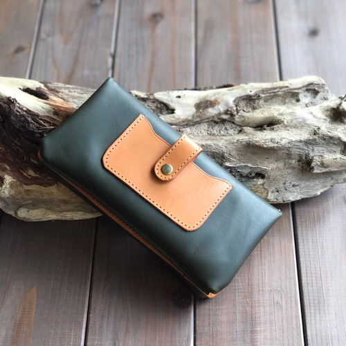 モスグリーン(濃緑)とキャメル色の柔らか長財布 長財布 HAKODATE CRAFT