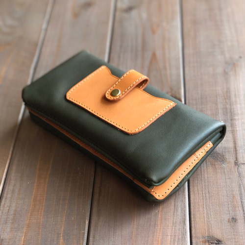 モスグリーン(濃緑)とキャメル色の柔らか長財布 長財布 HAKODATE CRAFT