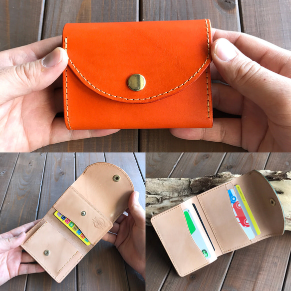 イタリアンレザーを使ったオレンジ色の三つ折り財布 4枚目の画像