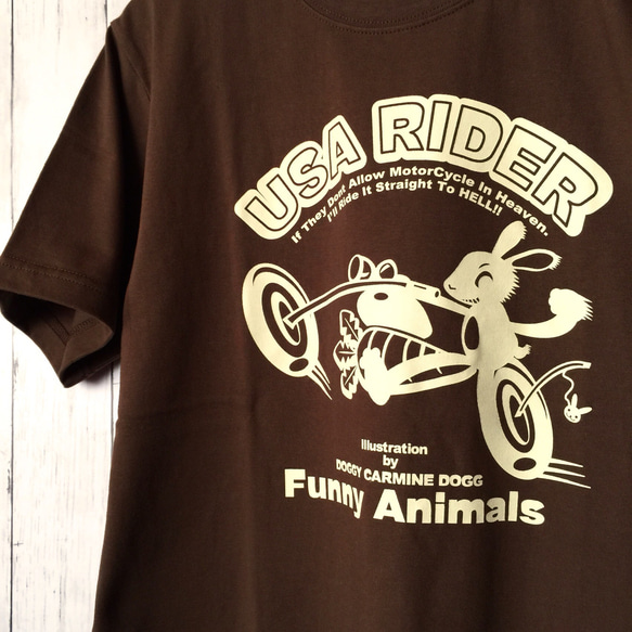 ウサギ の ライダー『USA RIDER』Tシャツ・ダークブラウン/ バイク・クール うさぎ 2枚目の画像