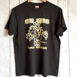 『GIN FROG/ジンフロッグ』レギュラー Tシャツ・スモークブラック・オートミール・カエル・イラスト・王冠 2枚目の画像
