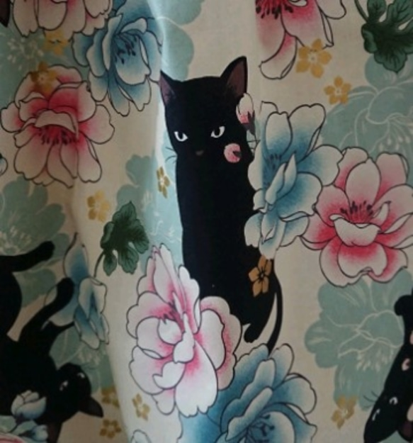レトロモダン 黒猫と牡丹 コットン ロングスカート 3枚目の画像