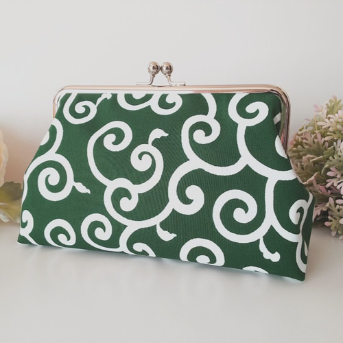 選べるサイズ】【再販25】定番唐草模様のがま口ポーチ緑*和服*和柄