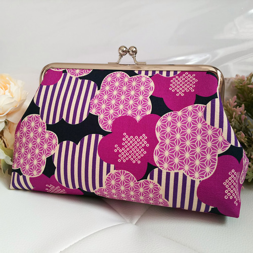 Nの口紅デザインポーチ 再販7】ストライプ×梅の花のレトロモダンがま口ポーチ*花柄*和柄*着物