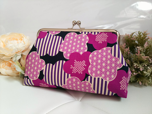 再販8】ストライプ×梅の花のレトロモダンがま口ポーチ*花柄*和柄*着物