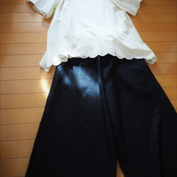 リトアニアリネンコットンのワイドパンツ　ヘリンボーン柄　ネイビー　M 9枚目の画像