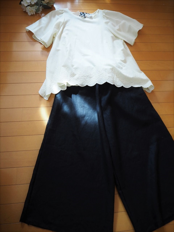 リトアニアリネンコットンのワイドパンツ　ヘリンボーン柄　ネイビー　M 9枚目の画像