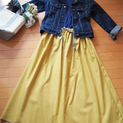 ミモザ色♪コットンのギャザースカート　フリーサイズ　マスタード　イエロー 2枚目の画像
