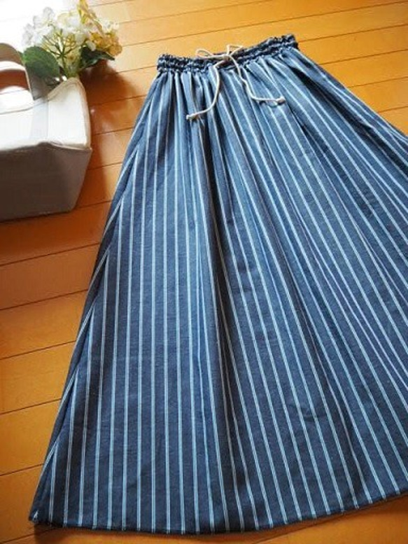 ストライプギャザースカート　リネン混　フリーサイズ 2枚目の画像