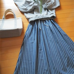 ストライプギャザースカート　リネン混　フリーサイズ 5枚目の画像