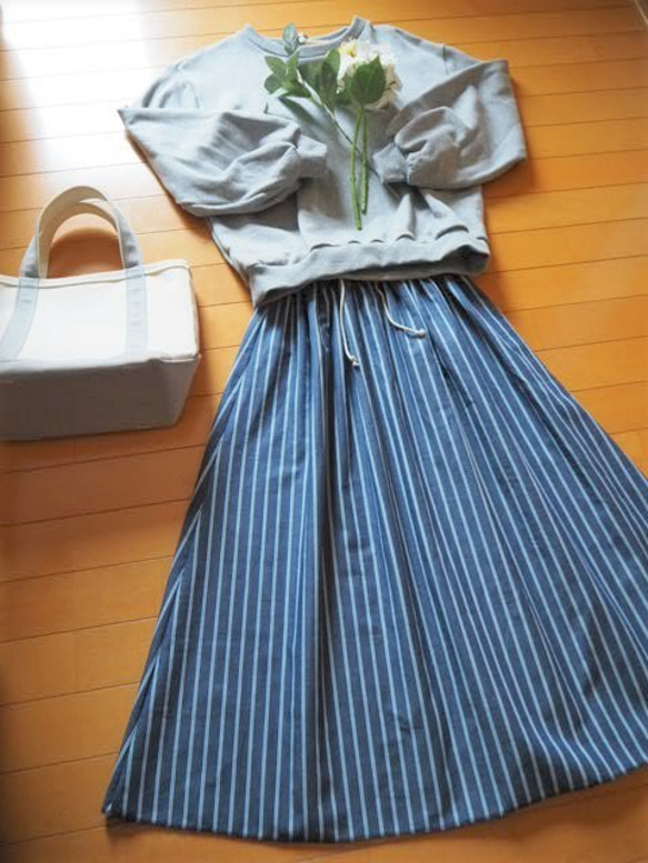 ストライプギャザースカート　リネン混　フリーサイズ 5枚目の画像