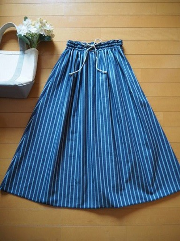 ストライプギャザースカート　リネン混　フリーサイズ 6枚目の画像